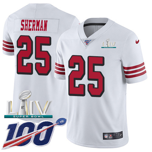 San Francisco 49ers Nike #25 Richard Sherman White Super Bowl LIV 2020 Rush Men Stitched NFL Limited 100th Season Jersey->youth nfl jersey->Youth Jersey